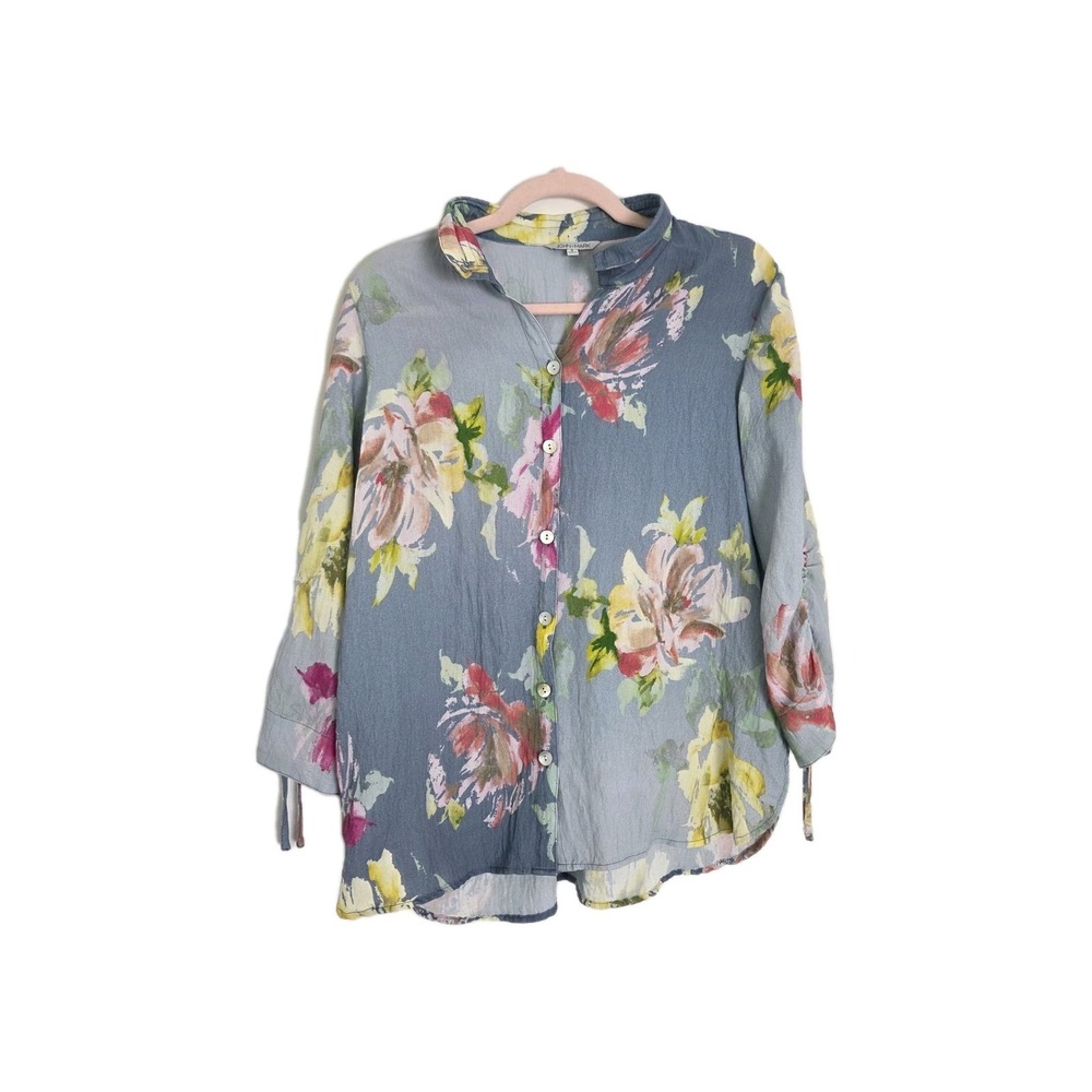 John Mark S Tunic Top Shirt Blouse Multi-Color Elastic Embroidery Tie Slv Floral